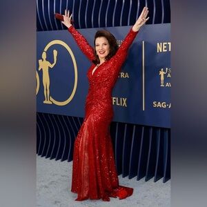 REEM ACRA Long Sleeve Red Sequin Gown Dress